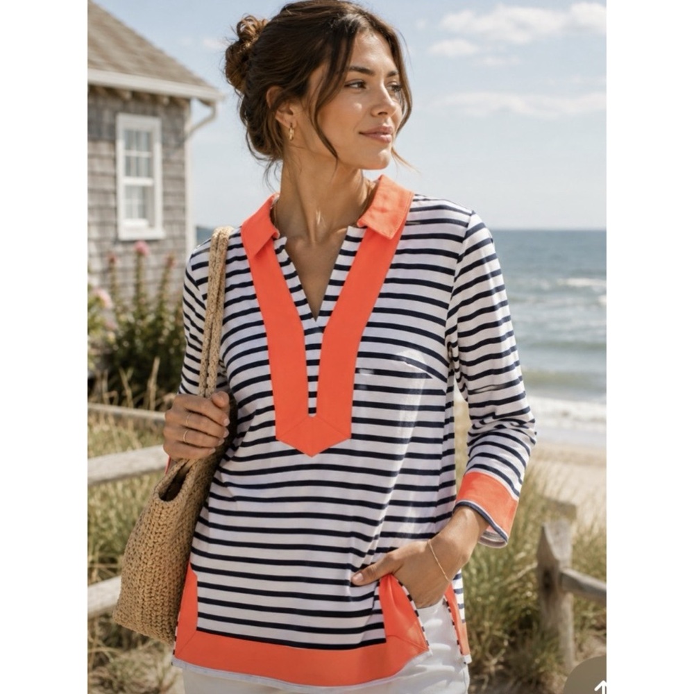 Sail To Sable Long Sleeves Classic Tunic Top in Navy White Orange Trim Medium